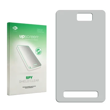 Vorderseite einer Produktverpackung mit dem Markenlogo upscreen. Daneben ist der zugehörige Displayschutz.