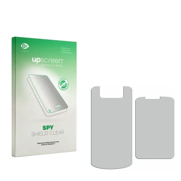 Vorderseite einer Produktverpackung mit dem Markenlogo upscreen. Daneben ist der zugehörige Displayschutz.