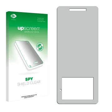 Vorderseite einer Produktverpackung mit dem Markenlogo upscreen. Daneben ist der zugehörige Displayschutz.