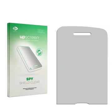 Vorderseite einer Produktverpackung mit dem Markenlogo upscreen. Daneben ist der zugehörige Displayschutz.