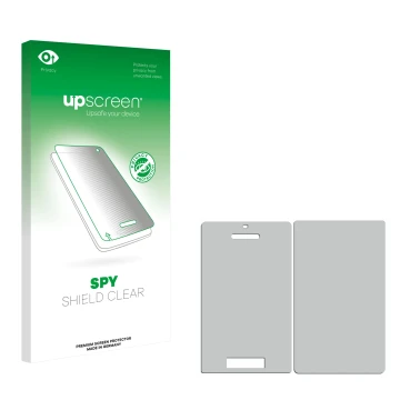 Vorderseite einer Produktverpackung mit dem Markenlogo upscreen. Daneben ist der zugehörige Displayschutz.