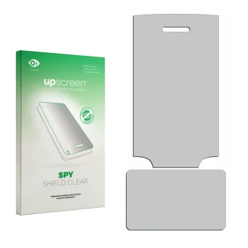 Vorderseite einer Produktverpackung mit dem Markenlogo upscreen. Daneben ist der zugehörige Displayschutz.