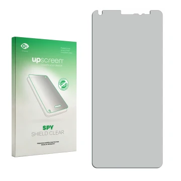 Vorderseite einer Produktverpackung mit dem Markenlogo upscreen. Daneben ist der zugehörige Displayschutz.