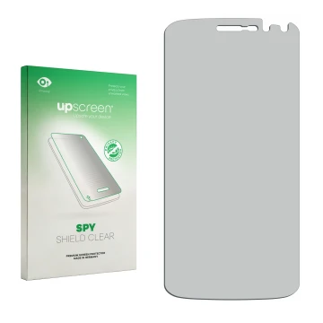 Vorderseite einer Produktverpackung mit dem Markenlogo upscreen. Daneben ist der zugehörige Displayschutz.