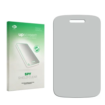 Vorderseite einer Produktverpackung mit dem Markenlogo upscreen. Daneben ist der zugehörige Displayschutz.