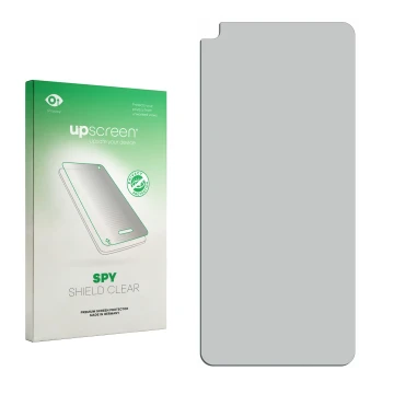 Vorderseite einer Produktverpackung mit dem Markenlogo upscreen. Daneben ist der zugehörige Displayschutz.