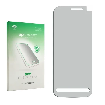 Vorderseite einer Produktverpackung mit dem Markenlogo upscreen. Daneben ist der zugehörige Displayschutz.
