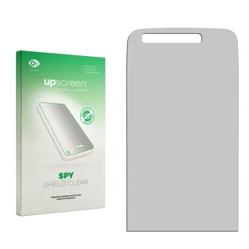 Vorderseite einer Produktverpackung mit dem Markenlogo upscreen. Daneben ist der zugehörige Displayschutz.