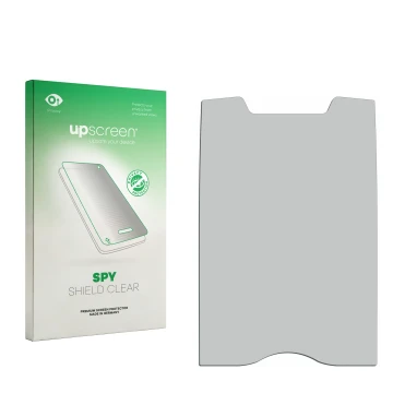 Vorderseite einer Produktverpackung mit dem Markenlogo upscreen. Daneben ist der zugehörige Displayschutz.