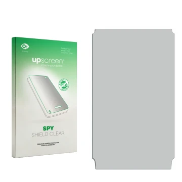 Vorderseite einer Produktverpackung mit dem Markenlogo upscreen. Daneben ist der zugehörige Displayschutz.
