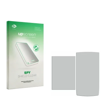 Vorderseite einer Produktverpackung mit dem Markenlogo upscreen. Daneben ist der zugehörige Displayschutz.