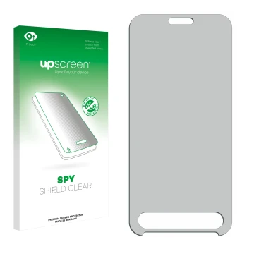 Vorderseite einer Produktverpackung mit dem Markenlogo upscreen. Daneben ist der zugehörige Displayschutz.