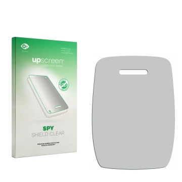 Vorderseite einer Produktverpackung mit dem Markenlogo upscreen. Daneben ist der zugehörige Displayschutz.