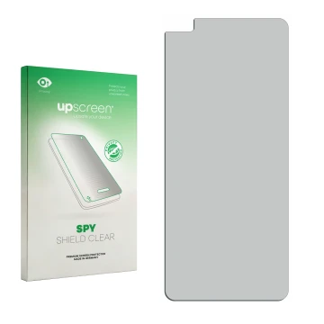 Vorderseite einer Produktverpackung mit dem Markenlogo upscreen. Daneben ist der zugehörige Displayschutz.