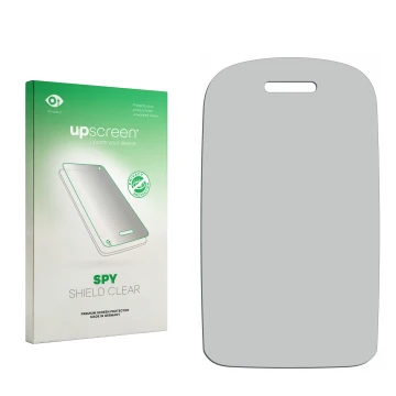 Vorderseite einer Produktverpackung mit dem Markenlogo upscreen. Daneben ist der zugehörige Displayschutz.