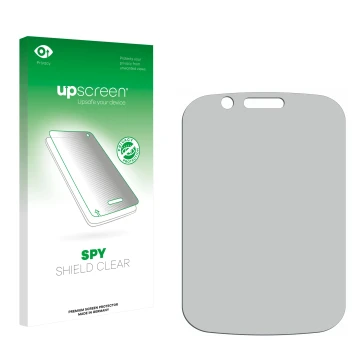 Vorderseite einer Produktverpackung mit dem Markenlogo upscreen. Daneben ist der zugehörige Displayschutz.