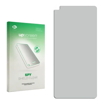 Vorderseite einer Produktverpackung mit dem Markenlogo upscreen. Daneben ist der zugehörige Displayschutz.