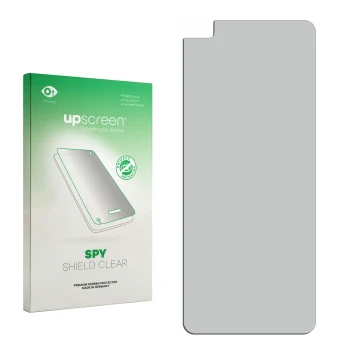 Vorderseite einer Produktverpackung mit dem Markenlogo upscreen. Daneben ist der zugehörige Displayschutz.
