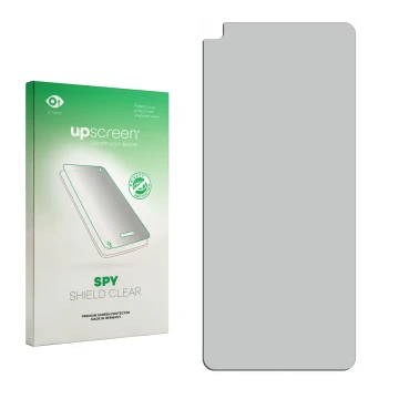 Vorderseite einer Produktverpackung mit dem Markenlogo upscreen. Daneben ist der zugehörige Displayschutz.