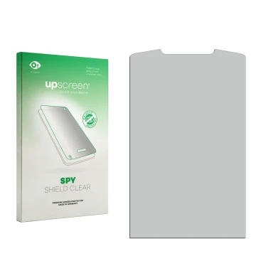 Vorderseite einer Produktverpackung mit dem Markenlogo upscreen. Daneben ist der zugehörige Displayschutz.