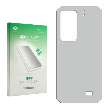 Vorderseite einer Produktverpackung mit dem Markenlogo upscreen. Daneben ist der zugehörige Displayschutz.