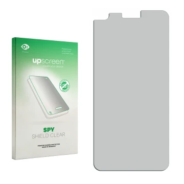 Vorderseite einer Produktverpackung mit dem Markenlogo upscreen. Daneben ist der zugehörige Displayschutz.