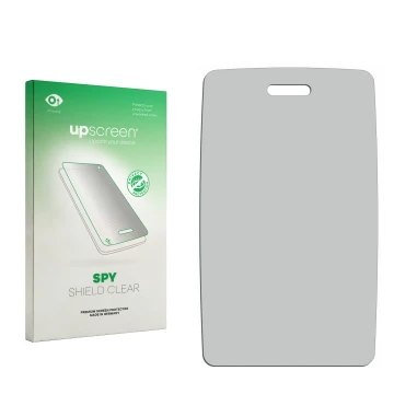 Vorderseite einer Produktverpackung mit dem Markenlogo upscreen. Daneben ist der zugehörige Displayschutz.