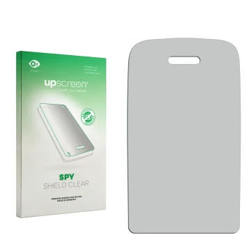 Vorderseite einer Produktverpackung mit dem Markenlogo upscreen. Daneben ist der zugehörige Displayschutz.