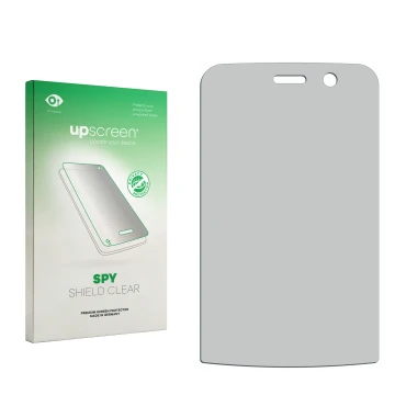 Vorderseite einer Produktverpackung mit dem Markenlogo upscreen. Daneben ist der zugehörige Displayschutz.