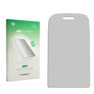 Vorderseite einer Produktverpackung mit dem Markenlogo upscreen. Daneben ist der zugehörige Displayschutz.