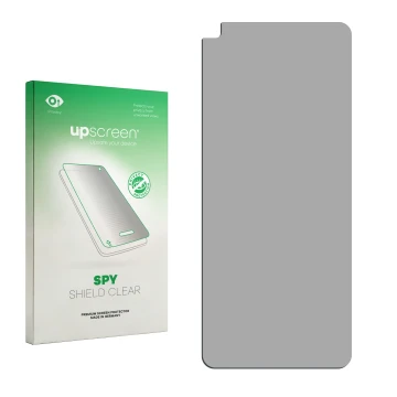 Vorderseite einer Produktverpackung mit dem Markenlogo upscreen. Daneben ist der zugehörige Displayschutz.