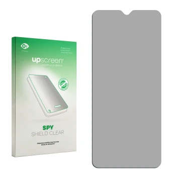 Vorderseite einer Produktverpackung mit dem Markenlogo upscreen. Daneben ist der zugehörige Displayschutz.