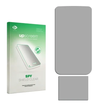 Vorderseite einer Produktverpackung mit dem Markenlogo upscreen. Daneben ist der zugehörige Displayschutz.