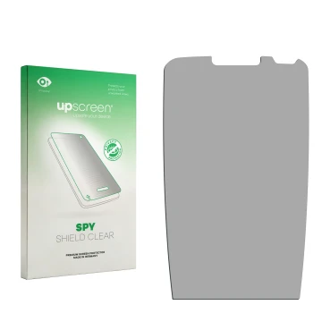 Vorderseite einer Produktverpackung mit dem Markenlogo upscreen. Daneben ist der zugehörige Displayschutz.