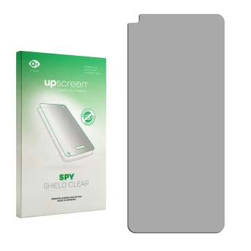 Vorderseite einer Produktverpackung mit dem Markenlogo upscreen. Daneben ist der zugehörige Displayschutz.
