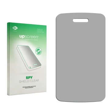 Vorderseite einer Produktverpackung mit dem Markenlogo upscreen. Daneben ist der zugehörige Displayschutz.