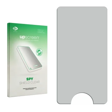 Vorderseite einer Produktverpackung mit dem Markenlogo upscreen. Daneben ist der zugehörige Displayschutz.