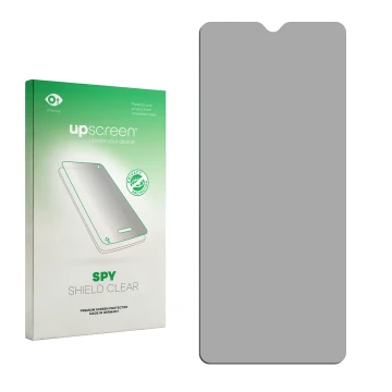 Vorderseite einer Produktverpackung mit dem Markenlogo upscreen. Daneben ist der zugehörige Displayschutz.