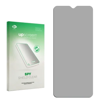 Vorderseite einer Produktverpackung mit dem Markenlogo upscreen. Daneben ist der zugehörige Displayschutz.