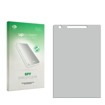 Vorderseite einer Produktverpackung mit dem Markenlogo upscreen. Daneben ist der zugehörige Displayschutz.