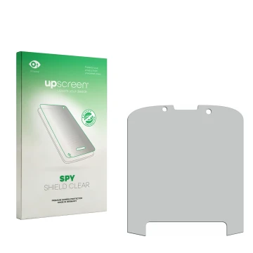 Vorderseite einer Produktverpackung mit dem Markenlogo upscreen. Daneben ist der zugehörige Displayschutz.