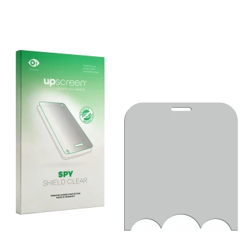 Vorderseite einer Produktverpackung mit dem Markenlogo upscreen. Daneben ist der zugehörige Displayschutz.