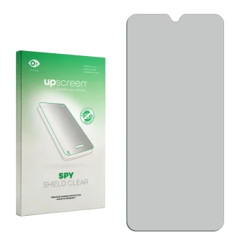 Vorderseite einer Produktverpackung mit dem Markenlogo upscreen. Daneben ist der zugehörige Displayschutz.
