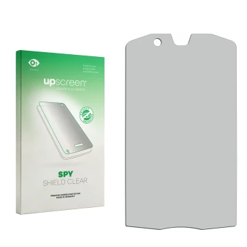 Vorderseite einer Produktverpackung mit dem Markenlogo upscreen. Daneben ist der zugehörige Displayschutz.