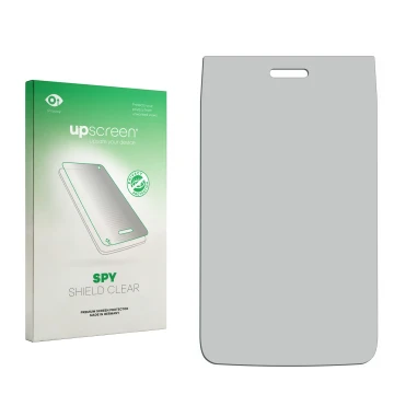 Vorderseite einer Produktverpackung mit dem Markenlogo upscreen. Daneben ist der zugehörige Displayschutz.