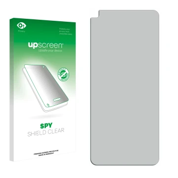 Vorderseite einer Produktverpackung mit dem Markenlogo upscreen. Daneben ist der zugehörige Displayschutz.