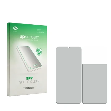 Vorderseite einer Produktverpackung mit dem Markenlogo upscreen. Daneben ist der zugehörige Displayschutz.