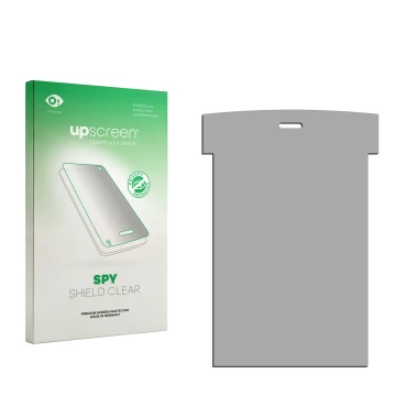Vorderseite einer Produktverpackung mit dem Markenlogo upscreen. Daneben ist der zugehörige Displayschutz.