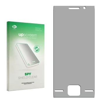 Vorderseite einer Produktverpackung mit dem Markenlogo upscreen. Daneben ist der zugehörige Displayschutz.