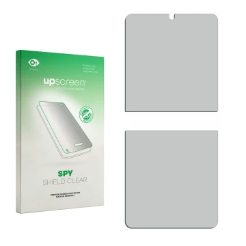 Vorderseite einer Produktverpackung mit dem Markenlogo upscreen. Daneben ist der zugehörige Displayschutz.